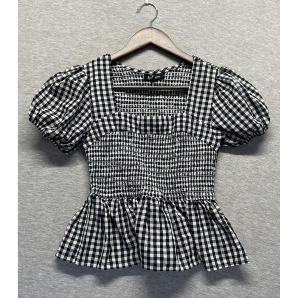 Self Esteem Crop Peplum Top Women Small Black White Gingham Check Smocked Bodice
